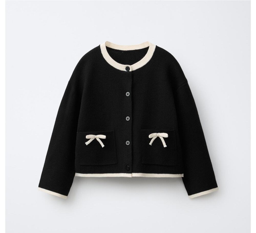 Zara Girls Black Cream Bow Cardigan Old Money Preppy Quiet Luxury Classic 13-14